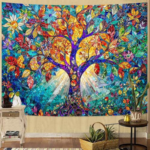 Lunerfex Tree of Life Tapestry Stained Glass Tapestry Wall Decor Tapestries for Bedroom Art Tapestries Wall Hanging for Bedroom Living Room Glass-Tree-02 44"x60" - color: Colorful, size: 60"L x 44"W