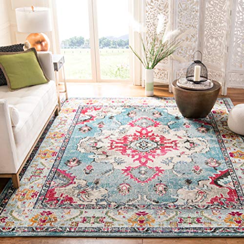 SAFAVIEH Monaco Collection Area Rug - 2'2" x 4', Light Blue & Fuchsia, Non-Shedding & Easy to Clean, Distressed Medallion Design, Ideal for Front Door, Kitchen, Entryway, Accent Space (MNC243J) - color: Light Blue/Fuchsia, size: 2'2" x 4' (Rectangular)