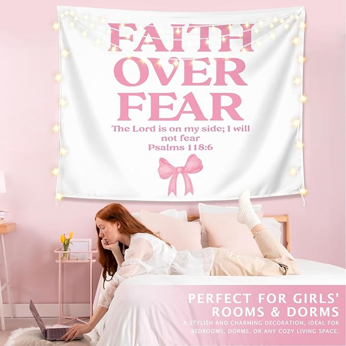 LIANGW Coquette Pink Bow Christian Tapestry Aesthetic, Coquette Preppy Room Decor for Teen Girls & Women, Wall Tapestry for Bedroom, Cute Bible Verses Tapestries Wall Hanging 50x60 inche