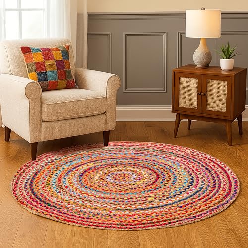 Hausattire Bohemian Braided Rug 4' Round - Multi Color, Circle Farmhouse Jute Cotton Area Rag Rug for Kitchen, Kids Bedroom, Playroom | Colorful Hand Woven Reversible Pet Friendly Carpet - color: Multi Color, size: 4' (Round)