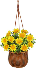Artificial Daisy Flowers with Hanging Woven Basket, Sunny Faux Chrysanthemums in Fake Rattan Planter with Rope, Realistic Floral Arrangement for Home Porch Patio Balcony Summer Farmhouse Decor, Yellow