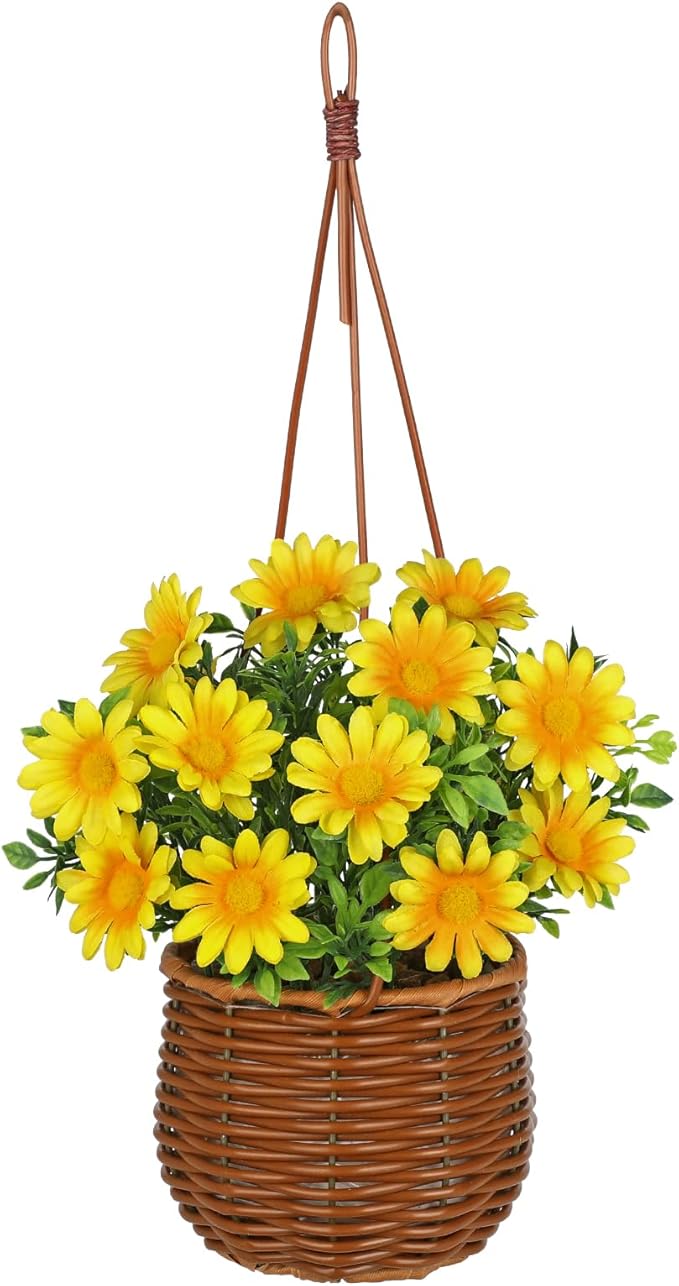 Artificial Daisy Flowers with Hanging Woven Basket, Sunny Faux Chrysanthemums in Fake Rattan Planter with Rope, Realistic Floral Arrangement for Home Porch Patio Balcony Summer Farmhouse Decor, Yellow