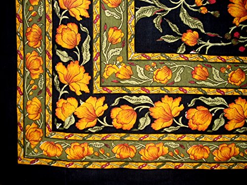 India Arts French Floral Square Cotton Tablecloth 60" x 60" Amber on Black