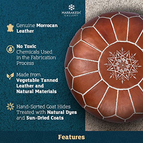 Marrakesh Gallery Genuine Leather Round Pouf Unstuffed - Moroccan Ottoman Footstool, Footrest Cover - Boho Decor - Bohemian Living Room, Bedroom, Kids Room, Gift & Wedding - color: Dark Tan