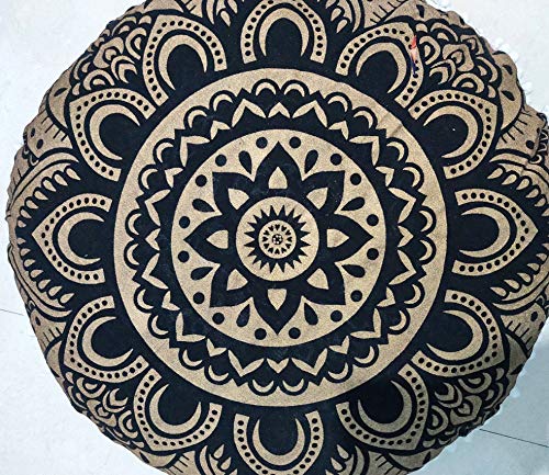 CRAFT KALA Mandala Floor Pillow Cushion Cover Seating Throw Cover Hippie Decorative Bohemian Ottoman Poufs Pom Pom Pillow Cases Boho Indian Cotton Living Room Home Décor 24" Round Black Gold Flower - color: Black Gold Flower, size: 24" x 24" (Pack of 1)