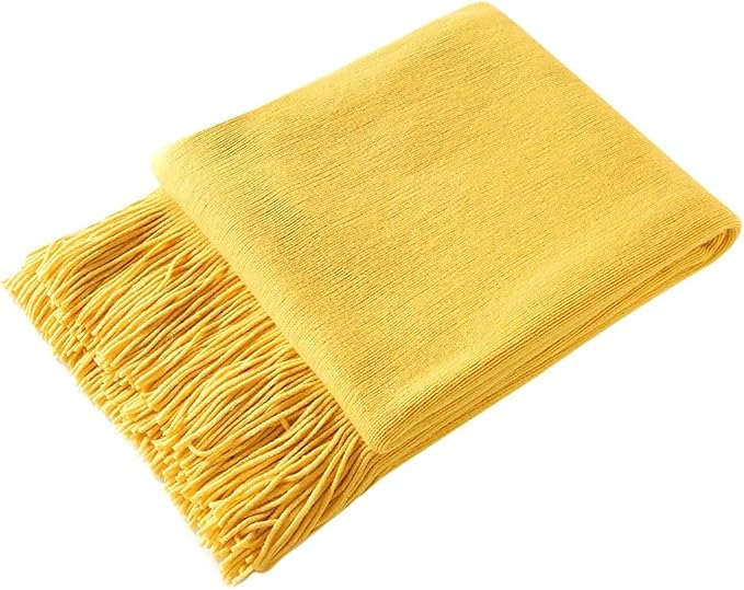 Homiest Decorative Knitted Throw Blanket with Fringe, Lightweight Acrylic Knit, Soft & Cozy Tassel Blanket for Couch, Sofa, Bed (Yellow, 60 x 80 Inch)