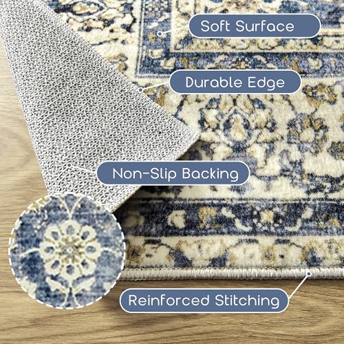 Blue 2x6 Runner Rug for Hallway Low Pile Kitchen Rugs Non Slip Washable Vintage Floral Distressed Design Carpet for Entryway Bedroom Boho Retro Dark Blue Rug for Bathroom Indoor 2 x 6 - color: Blue, size: 2' x 6' (Rectangular)