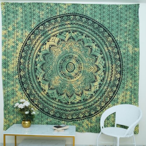 FURNISHFUL FINESSE Handmade Cotton Mandala Wall Tapestry - Green Ombre Boho Wall Decor, Indian Boho Bohemian Hippie Room Hanging for Bedroom, Dorm & Living Room Aesthetic - 30X40, Green - color: Green, size: 40"L x 30"W