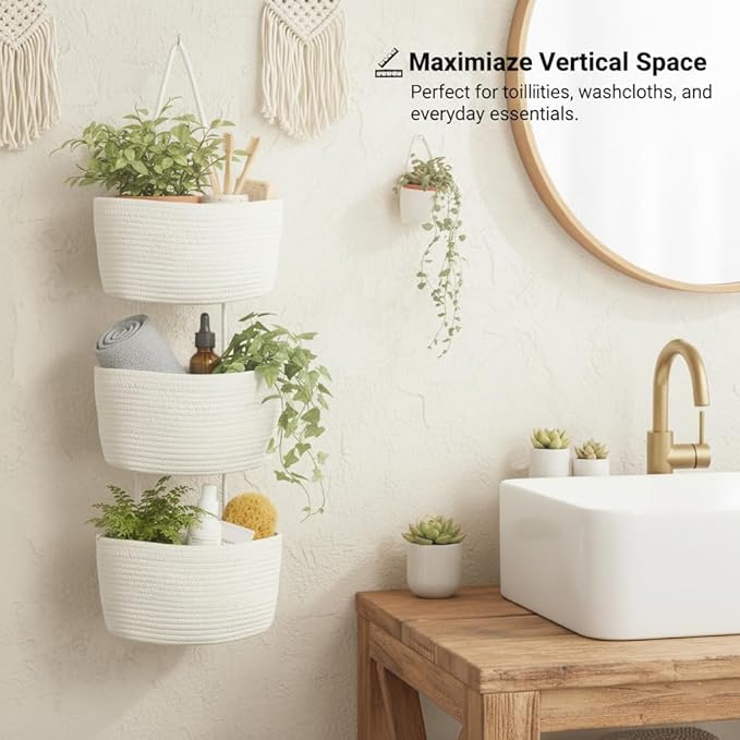 Over the Door Hanging Basket, Decorative Hanging Basket Storage, Organizing, Decorative Boho Decor for Nursery, Bedroom, Living Room with 4 Hooks, Whte
