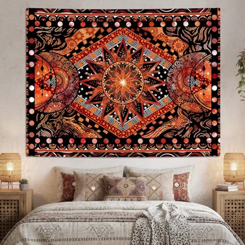 Rexful Orange Sun Star Mandala Tapestry Wall Hanging Indie Hippie Bohemian Wall Tapestries Aesthetic Tapestry for Bedroom Living Room Dorm (Red 2, 48''×36'') - color: Red 2, size: 48''×36''