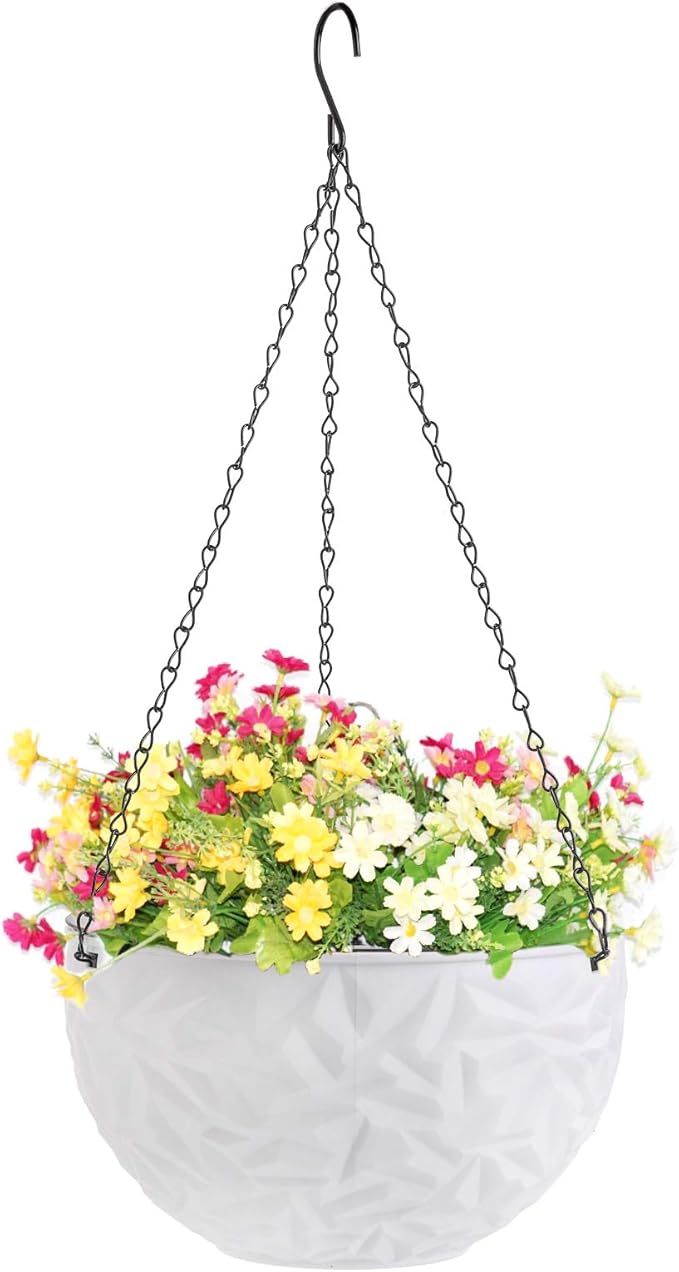 Foraineam 10.2 Inch Dual-pots Design Hanging Planters, Self-Watering Indoor Outdoor Hanging Flower Basket Plant Pot with Drainer and Hanging Chain, White