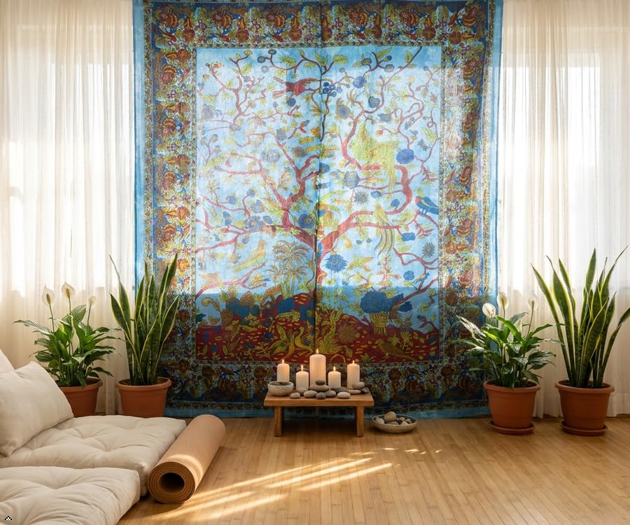 Popular Handicrafts Indian Hippie Bohemian Beautiful- Tree of Life- Bird Tie Dye Mandala Drapery Bedroom Living Room Balcony Curtain Panels Blue - color: Blue, size: 38"W x 83"L (Pack of 2)