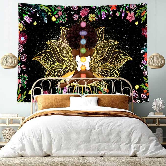 Ine Ive African Chakra Tapestry African American Woman Zen Meditation Poster Starry Sky Flower Garden Inspirational Afro Yoga Wall Art Tapestry for Bedroom Dorm Decor (90x84 inch) - size: 90"L x 84"W