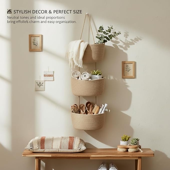 Over the Door Organizer, 3-Tier Hanging Storage Basket with Hooks, Cotton Back of Door Organizer for Living Room, Bedroom, Boho Wall Decor, Toy Storage, Jute