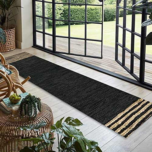 GRUHUM Jute Runner Rugs 2'6"x14' ft Natural Fiber Leather Black Jute Area Rug Handwoven Boho Farmhouse Braided Rustic Vintage Ecofriendly Indoor Rugs for Kitchen Living Room Bedroom Hallways Entryways - color: Natural Black- 20, size: 2'6" x 14' (Rectangu
