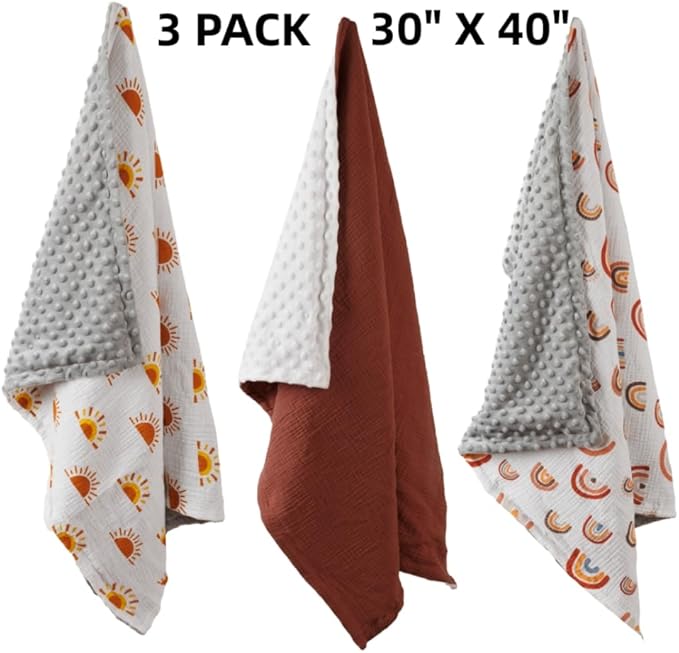 3 Pack Soft Boho Baby Gender Neutral Blankets for Newborn Baby Girls or Boys Unisex Nursery Toddler Baby Throw Blanket Double Layer Blankets with Dotted Backing Sun Rainbow Printed (Boho)