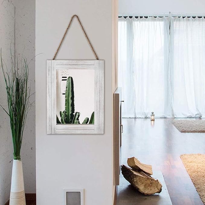 DECORKEY Rectangle Wall Mirror for Bathroom, Distressed White Wood Decor with Hanging Rope for Rustic Home Decor, Vanity, Living Room 12"×16"