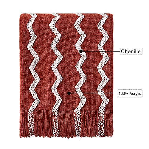 BOURINA Fluffy Chenille Knitted Fringe Throw Blanket Lightweight Soft Cozy for Bed Sofa Chair Throw Blankets, Rust 50" x 60" - color: A-rust, size: 50"×60"