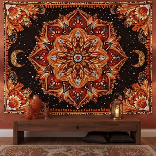 Accnicc Mandala Floral Tapestry Wall Hanging Boho Orange Red Tapestry Aesthetic Hippie Vintage Bohemian Flower Celestial Indian Cute Large Tapestries for Bedroom Living Room Dorm Decor 80 x 60 Inch - color: Burnt Orange, size: 80"L x 60"W