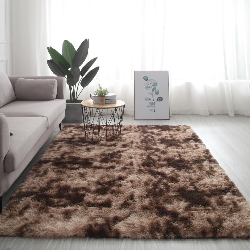 DweIke Fluffy Brown Rugs for Bedroom Living Room, 3x5 Feet Soft Plush Shaggy Tie-Dyed Dark Coffee Girls Boys Kids Rug, Upgraded Non-Slip and Machine Washable Carpet for Dorm Nursery Classroom Decor - color: Tie-dyed Brown, size: 3 Ft X 5 Ft