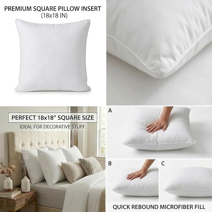 Qeils 18 x 18 Pillow Inserts Set of 2 White Throw Pillow Inserts with Soft Polyester Cover - Rectangle Square Interior Sofa Pillow Inserts Decorative Pillow Insert White Couch Pillow