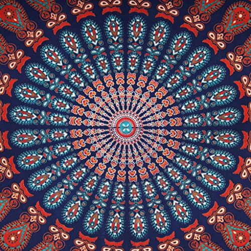 Bless International Handmade Indian hippie Bohemian Psychedelic Peacock Mandala Wall hanging College Dorm Beach Throws Table Cloth Bedding Tapestry (Golden Blue White, Queen(84x90Inches)(215x230Cms)) - color: Golden Blue White, size: 90"L x 84"W