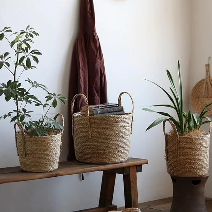 10'' Seagrass Handmade Wicker Planter Basket with Handle for Indoor Plants Succulent Pot, Multipurpose Hand Woven Storage Basket Flower Pot for Home Decor, Living Room Storage Basket (9.84''X7.87'')