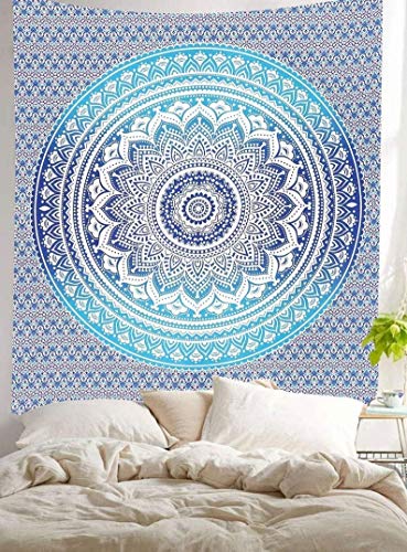 ANJANIYA Ombre Wall Hanging Bohemian Tapestry, Metallic Wall Art Bedspread, Psychedelic Hippie Mandala Dorm Décor for Hanging, Bedding, Beach Coverlet Curtain, Blue, 54"X60" - color: Blue, size: 60"L x 54"W
