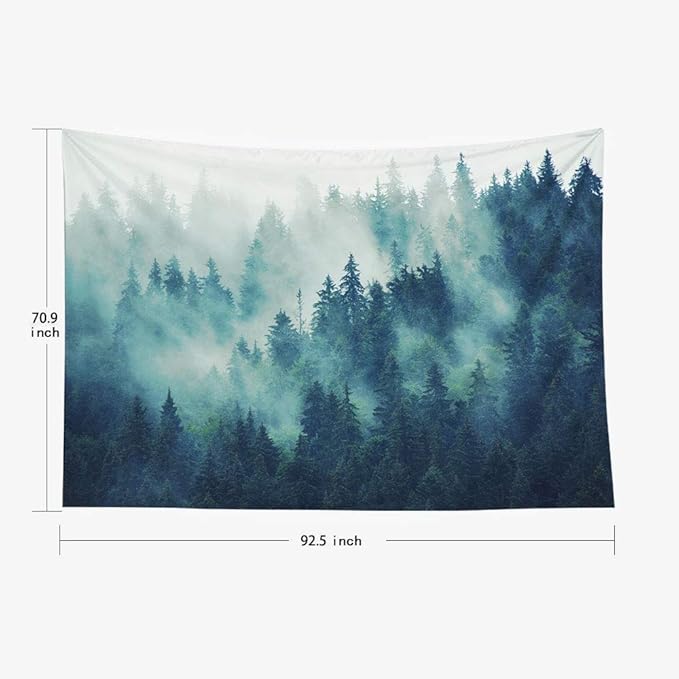 EMMTEEY Forest Tapestry Wall Art - Misty Pine Tree Landscape with Foggy Mountain, Large 92.5x70.9 Inch Nature-Themed Decor for Living Room Bedroom Indoor Spaces