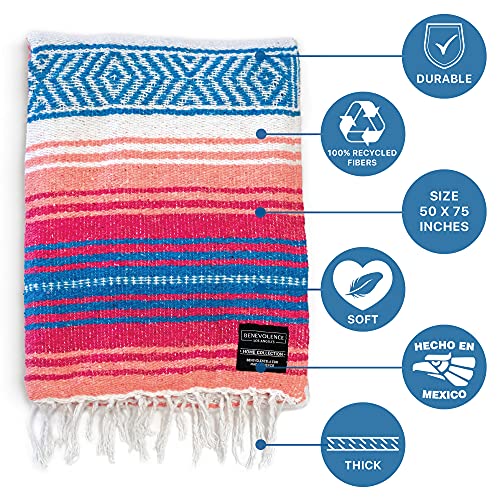 Benevolence LA Authentic Mexican Blanket – Handwoven Falsa Serape Throw – Beach, Camping, Picnic & Yoga Blanket – Lightweight Cotton Throw for Outdoor & Home – Coral, 50x70 in - color: Coral