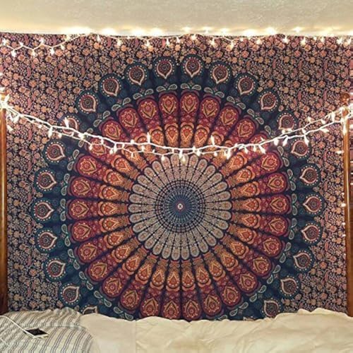 Bless International Handmade Indian hippie Bohemian Psychedelic Peacock Mandala Wall hanging College Dorm Beach Throws Table Cloth Bedding Tapestry (Golden Blue, Twin(54x72Inches)(140x185cms)) - color: Golden Blue, size: 72"L x 54"W