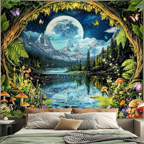 Apdidl Forest Nature Wall Tapestry for Bedroom, Green Landscape ice Mountain Plant Floral Moon Tapestries Aesthetic, Mushroom Butterfly White Clouds River Space Decor Wall Hanging for Living Room（60" x 51") - color: Forest Tapestry, size: 60"L x 51"W
