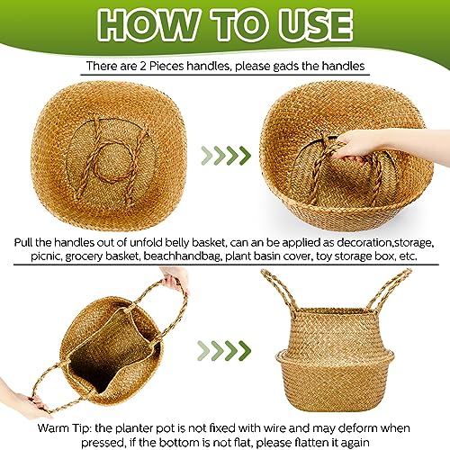 Qunclay 4 Pcs Woven Seagrass Baskets Belly Basket Folding Boho Natural Plant Pot with Handles Round Decorative Wicker Large Indoor Planter for Home Outdoor Tree Planters Decor (L,13''dx11''h) - size: L,13''Dx11''H