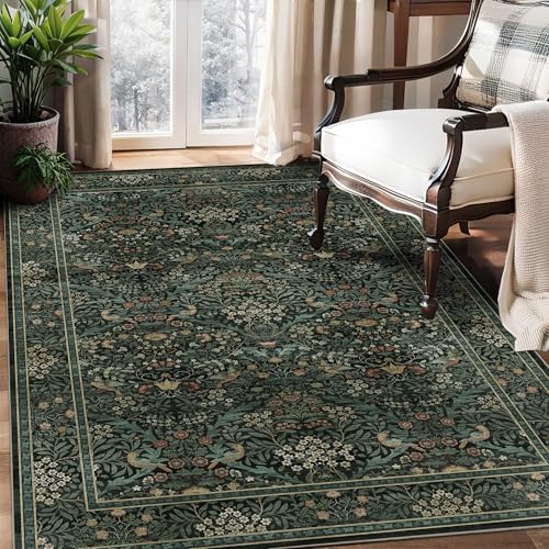 3x5 Floral Washable Area Rug for Living Room, Vintage Boho Rug for Bedroom Dining Room， Distressed Botanical Birds Non Slip Low Pile Forest Animal Throw Carpet for Farmhouse Office, Dark Green - color: Dark Green, size: 3' x 5' (Rectangular)
