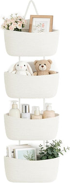 Dahey Over The Door Hanging Basket 4-Tier Woven Boho Wall Mounted Storage Organizer with Hooks for Bedroom Nursery Bathroom Apartments Dorm Pantry Decor, White
