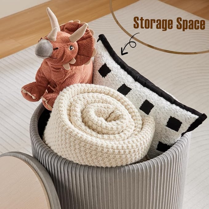 Big Round Ottoman with Storage Set of 2,Upholstered Velvet Vanity Stool for MakeupMultifunctional Foot Rest Coffee Table Padded Seat Tufted Ottomans for LivingRoom&Bedroom (Large Grey)