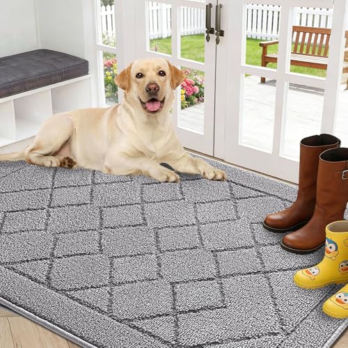 REFETONE Indoor Doormat, Front Back Door Mat 32"x48" Rubber Backing Non Slip Mats, Absorbent Washable Entrance Doormat for Entryway, Resist Dirt Low-Profile Inside Floor Mat for Muddy Shoes Light Grey - color: Big Plaid Light Grey, size: 2'8" x 4' (Rectan