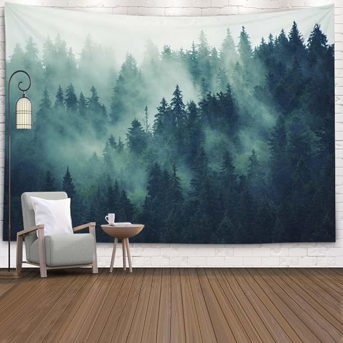 EMMTEEY Forest Tapestry Wall Art 60x40 - Misty Pine Mountain Scenery, Durable Nature Tapestry for Bedroom & Living Room Decor, Outdoor Green Tree Tapestries
