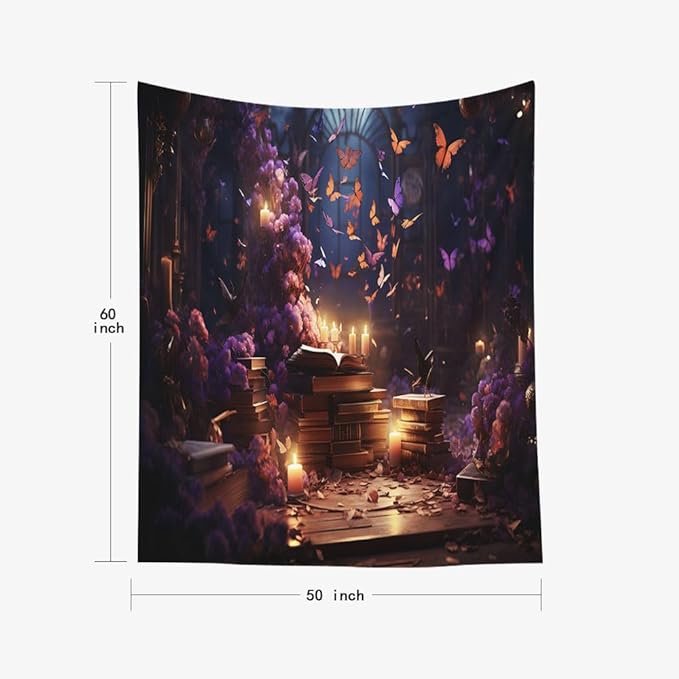 EMMTEEY Medieval Books Ceiling Tapestry 50X60 Inch - Mystical Butterflies Wall Decoration Fantasy Fairy Backdrop for Bedroom Dorm