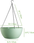WOUSIWER 13 inch 2 Pack Large Hanging Planters for Indoor Outdoor Plants with Drainage Holes and Chain, Round Hanging Flower Pots for Garden Home Porch Decor, Green