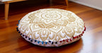 Round Mandala Floor Pillow Cover Seating Cushion Throw Cover Hippie Decorative Bohemian Ottoman Pouf Cover, Pom Pom Pillow Cases,Boho Indian 22 Inches (Gold)