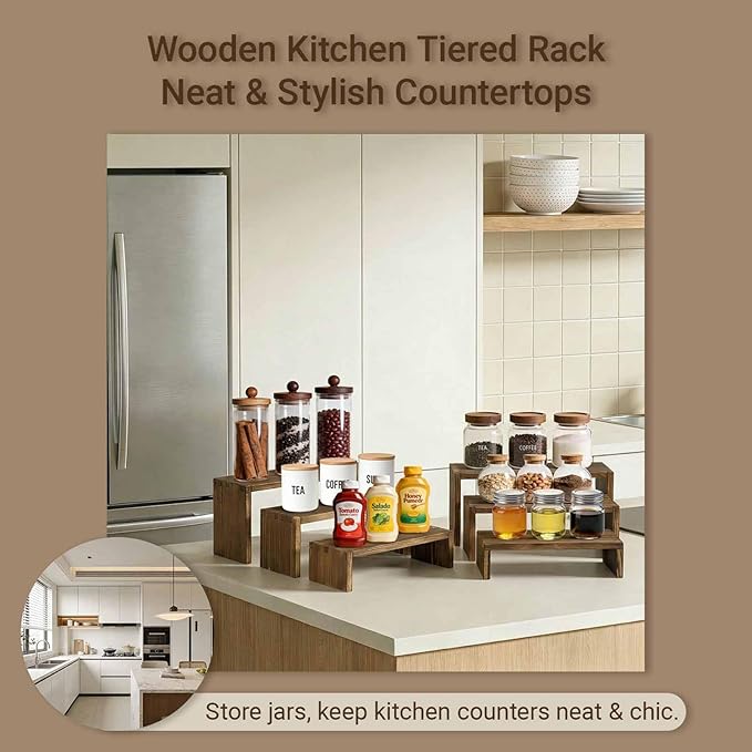 3-Tier Wood Display Riser 2 Set, Tiered Display Stand for Food, Kitchen, Desk & Party - Solid Pine Wooden Shelf & Organizer for Plants, Collectibles, Office (9.5/8.5/7.5 In)