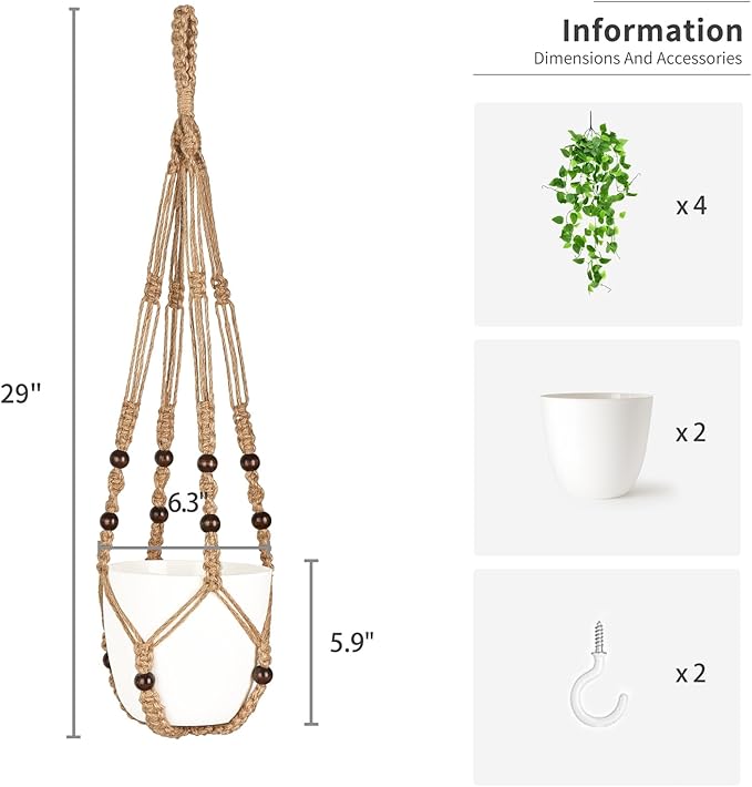 Mkono 2 Packs Fake Hanging Plant with Pot, Artificial Plants for Home Decor Indoor Macrame Plant Hanger with Faux Vine Hanging Planter Greenery for Bedroom Bathroom Office Decor, Brown (Pothos)