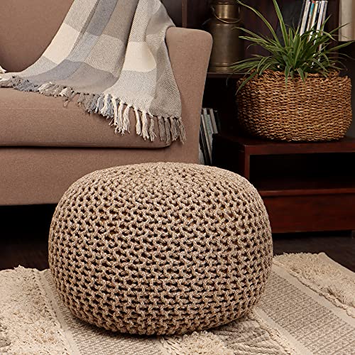 REDEARTH Round Pouf Ottoman - Hand Knitted Cable Boho Poof Home Décor Pouffe Circular Footrest for Living Room - Nursery - Bedroom - Lounge 100% Cotton (18”x18”x14”) - Beige Ivory - color: Beige Ivory, size: 18"D x 18"W x 14"H