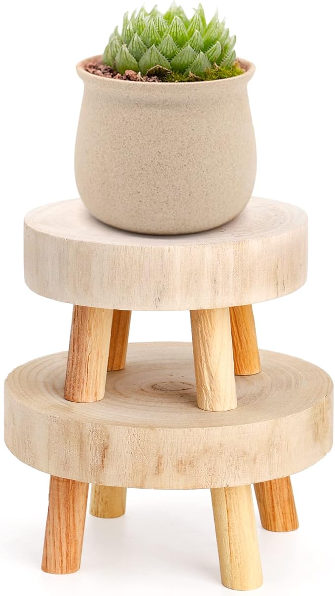 TOPZEA Set of 2 Mini Wooden Stool Display Stand, Short Boho Wood Riser Stools Small Desk Pedestal Stand for Candle, Indoor Plants, Gnome, Counter Decor