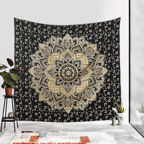 Rajsee Gold Mandala Tapestry - Boho Bedroom Aesthetic - Trippy Cute Wall Hanging - Black Gold Wall Art 52x82 Inches - color: Black and Gold, size: 82"L x 52"W