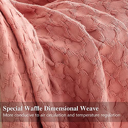 Simple&Opulence 100% Cotton Throw Blanket for Couch, Bed, Waffle Weave Knit Blanket with Tassels, Soft Lightweight Pre-Washed Breathable Comfy Blanket Farmhouse Decor for All-Season(Blush Pink) - color: B-blush Pink