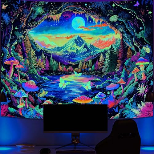 Zussun Blacklight Mushroom Forest Tapestry UV Reactive Nature Mountain Moon Butterfly Tapestry for Bedroom Aesthetic Landscape Samll Tapestries Wall Hanging for Dorm Living Room Decor 48 x 36 Inch - color: Warm Yellow, size: 48"L x 36"W