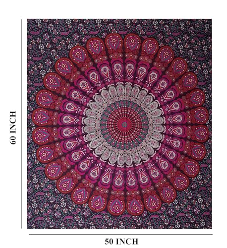 FURNISHFUL FINESSE Handmade Cotton Peacock Mandala Tapestry - Purple Pink Ombre Boho Wall Decor, Bohemian Hippie Room Hanging for Bedroom & Dorm Aesthetic - 50x60 Inches - color: Purple Pink, size: 60"L x 50"W