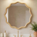 Wooden Bathroom Round Circle Mirror for Wall, Boho Wavy with Tempered Glass, Natural Frame Vanity Mirror Hanging/Leaning for Bedroom, Living Room, Entryway, Farmhouse(24 Inch,Scalloped)
